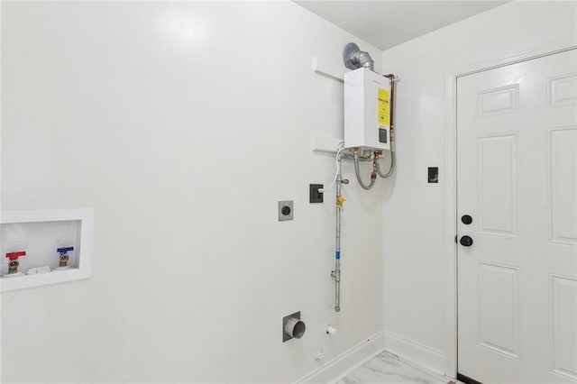 laundry room featuring hookup for a washing machine, hookup for an electric dryer, laundry area, water heater, and marble finish floor