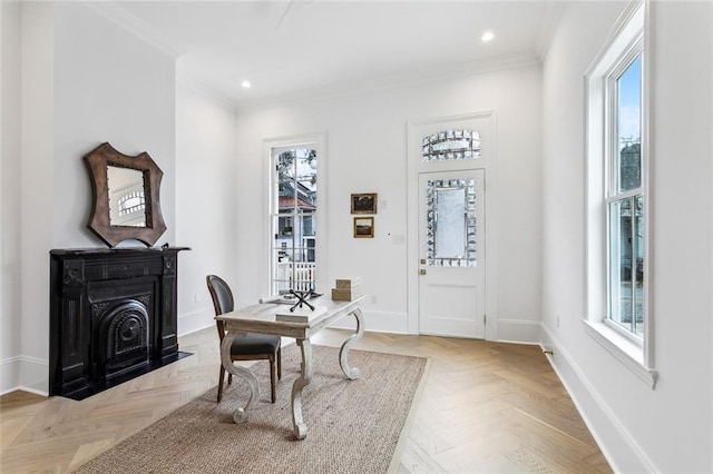 home office with ornamental molding and light parquet floors