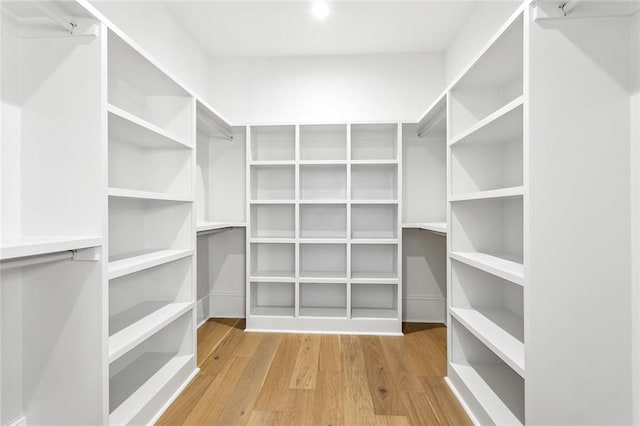 walk in closet with light hardwood / wood-style flooring