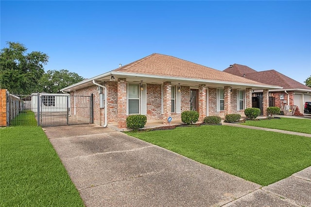 ranch-style home with a gate, fence, a shingled roof, a front lawn, and brick siding