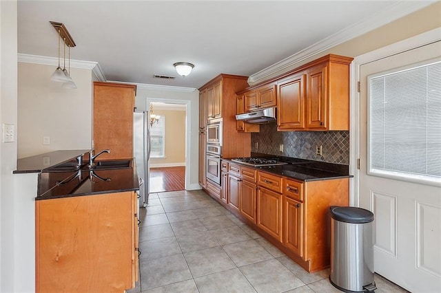 kitchen with ornamental molding, a sink, under cabinet range hood, tasteful backsplash, and appliances with stainless steel finishes