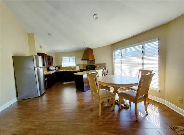 dining room featuring vaulted ceiling, sink, and dark hardwood / wood-style flooring