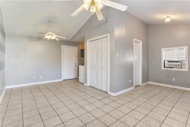 unfurnished room with cooling unit, ceiling fan, and lofted ceiling
