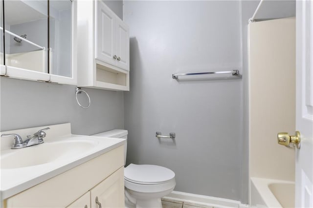 full bathroom featuring vanity, toilet, and  shower combination