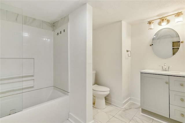 full bath featuring baseboards, toilet, bathtub / shower combination, marble finish floor, and vanity