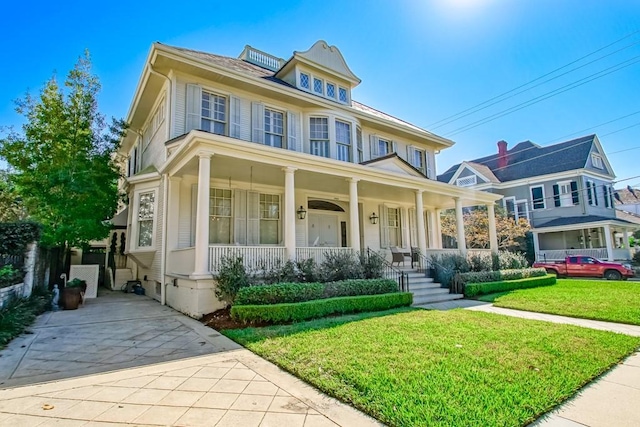 view of front facade featuring covered porch and a front lawn