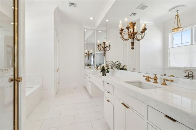 bathroom featuring tile patterned flooring, vanity, a relaxing tiled tub, and crown molding