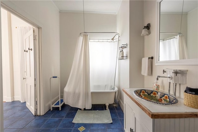 bathroom with shower / bathtub combination with curtain and vanity