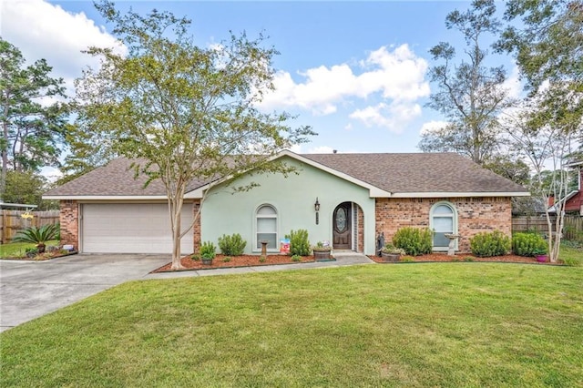 single story home featuring a garage and a front lawn