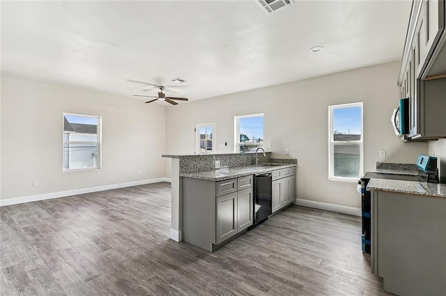 220406 Pauger St, New Orleans, LA 70116 - kitchen with appliances with stainless steel finishes, gray cabinets, a peninsula, a sink, and plenty of natural light