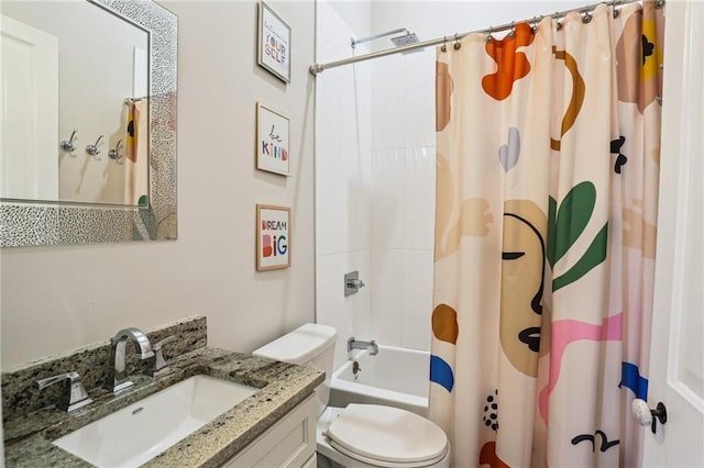 full bathroom with shower / bath combination with curtain, vanity, and toilet