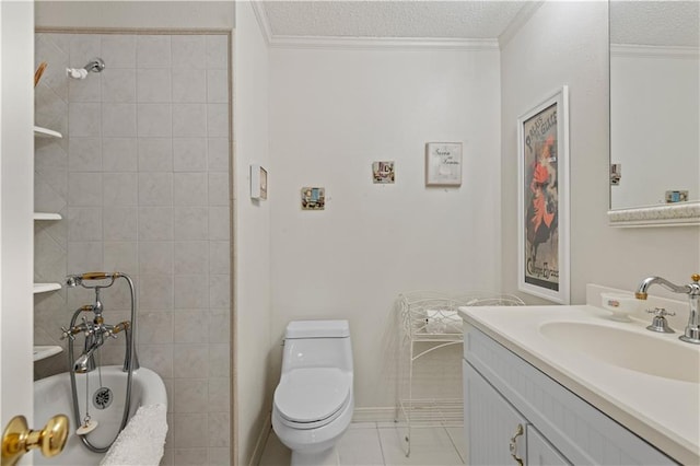 full bath featuring a textured ceiling, toilet, vanity, baseboards, and ornamental molding