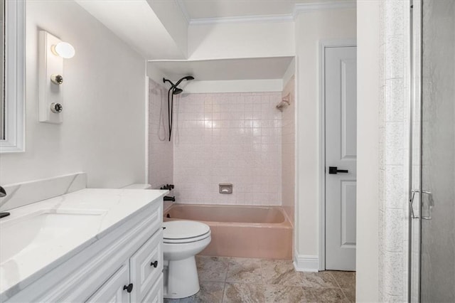 full bathroom featuring toilet, vanity,  shower combination, and ornamental molding