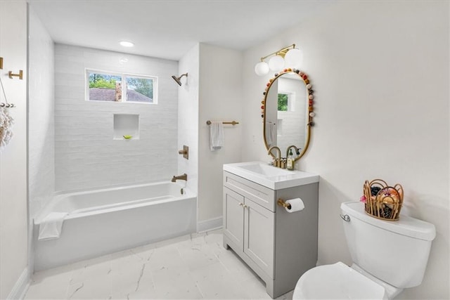 bathroom with vanity, baseboards, shower / bath combination, toilet, and marble finish floor
