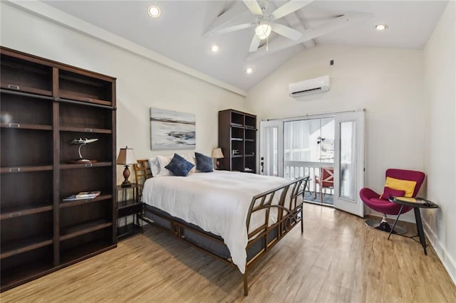 bedroom featuring a ceiling fan, wood finished floors, lofted ceiling with beams, access to exterior, and a wall mounted air conditioner