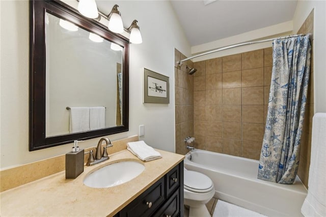 bathroom featuring vanity, toilet, and shower / bathtub combination with curtain