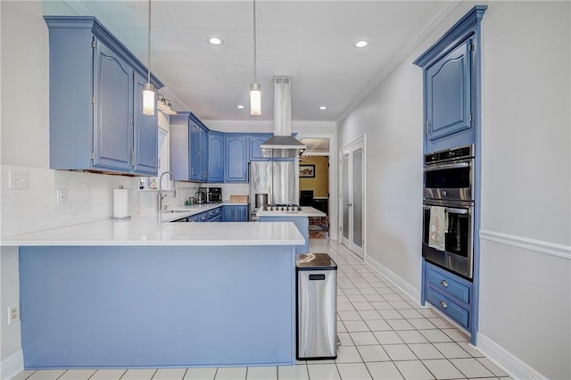 kitchen featuring blue cabinetry, appliances with stainless steel finishes, and crown molding