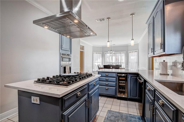 kitchen with wine cooler, island range hood, a center island, light tile patterned floors, and stainless steel appliances