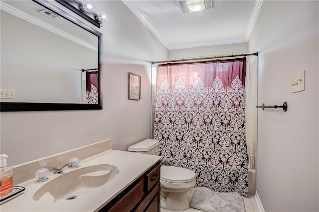 full bathroom featuring vanity, ornamental molding, toilet, shower / bathtub combination with curtain, and tile patterned floors