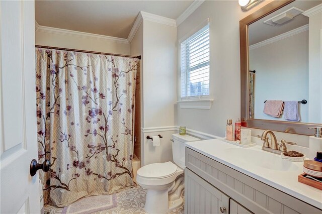 full bathroom featuring vanity, shower / bath combination with curtain, crown molding, and toilet