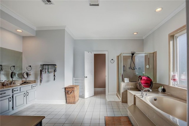 bathroom with tile patterned flooring, vanity, independent shower and bath, and crown molding