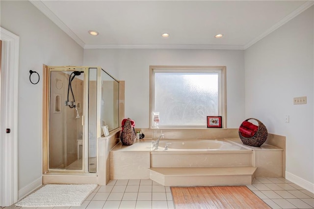 bathroom with ornamental molding, shower with separate bathtub, and tile patterned floors