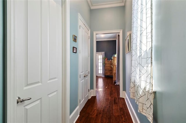 hall featuring ornamental molding and dark hardwood / wood-style floors