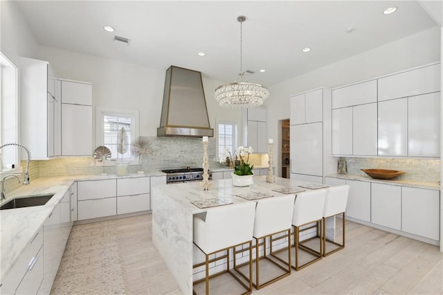 kitchen with sink, white cabinetry, a center island, custom range hood, and high end stainless steel range oven