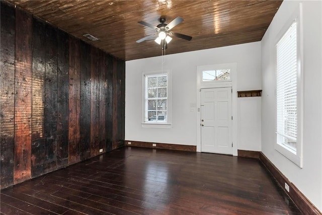 entrance foyer with wooden ceiling, dark hardwood / wood-style floors, ceiling fan, and wood walls