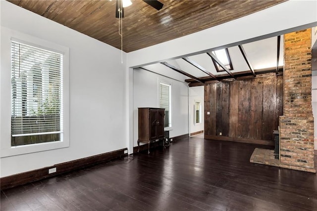 unfurnished living room with wood ceiling, ceiling fan, lofted ceiling with skylight, and dark hardwood / wood-style floors