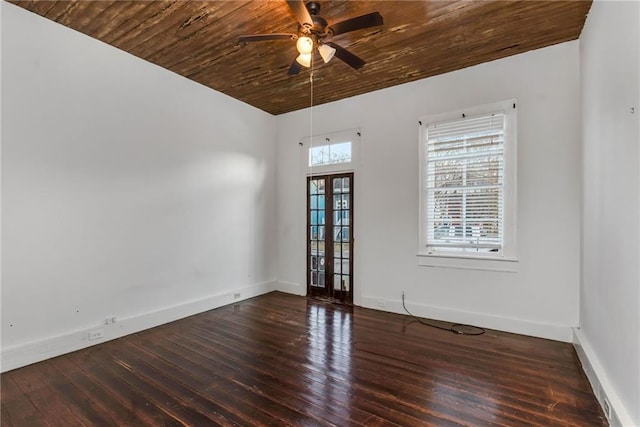 spare room featuring french doors, ceiling fan, dark hardwood / wood-style flooring, and wooden ceiling