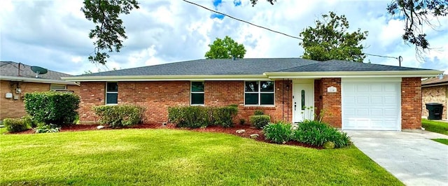 single story home with a front lawn, a garage, brick siding, and concrete driveway