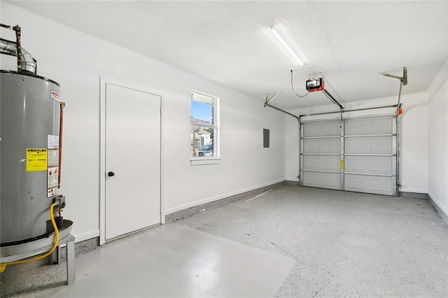 garage featuring gas water heater, baseboards, and a garage door opener