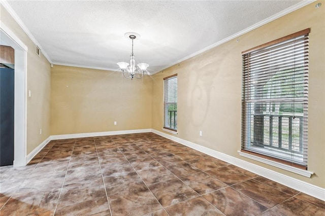 empty room featuring ornamental molding, a notable chandelier, and a textured ceiling