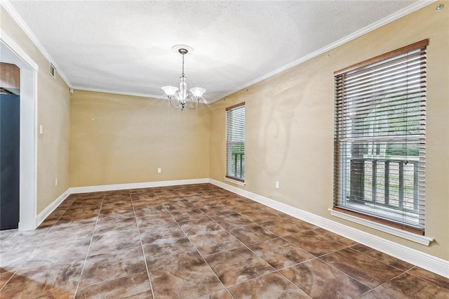 109 Lefleur Dr, Slidell, LA 70460 - tiled empty room featuring ornamental molding, plenty of natural light, a chandelier, and a textured ceiling