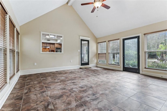 109 Lefleur Dr, Slidell, LA 70460 - unfurnished living room featuring high vaulted ceiling, a ceiling fan, beamed ceiling, and tile patterned flooring