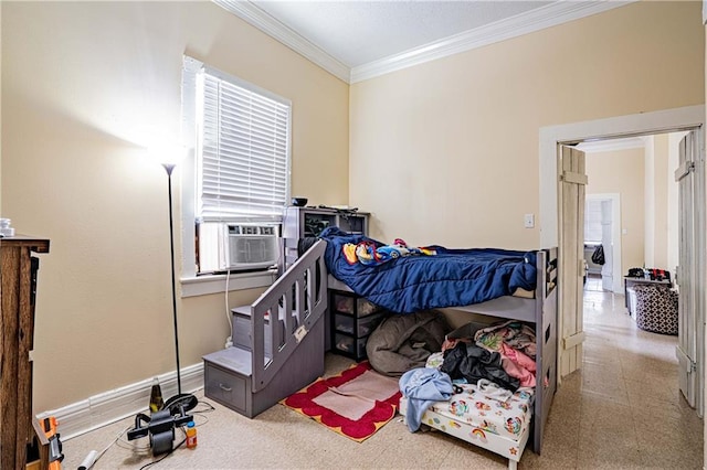 bedroom with cooling unit and crown molding