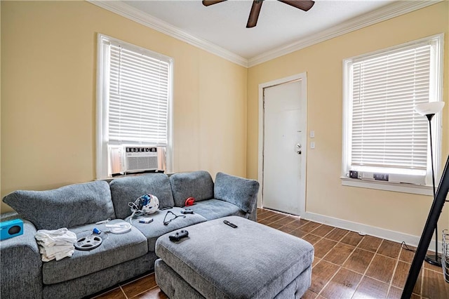 living room with cooling unit, crown molding, and ceiling fan