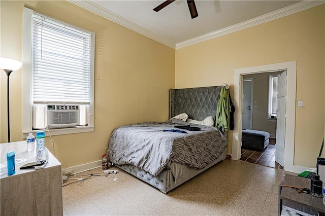 bedroom featuring cooling unit, connected bathroom, crown molding, and ceiling fan