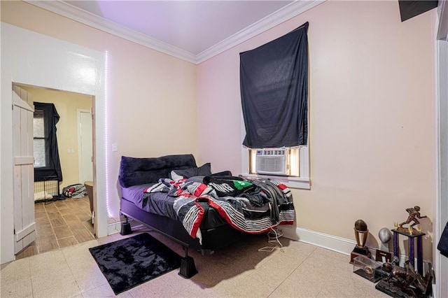 bedroom featuring multiple windows, ornamental molding, and cooling unit