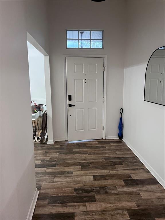 foyer entrance with dark hardwood / wood-style flooring and a towering ceiling