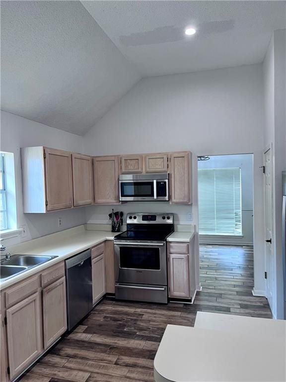 2261 Country Club Dr, La Place, LA 70068 - kitchen featuring dark wood-style flooring, appliances with stainless steel finishes, and lofted ceiling