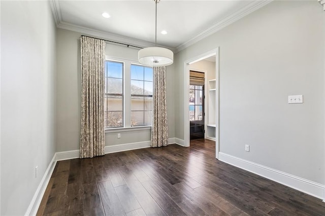 unfurnished dining area with dark hardwood / wood-style flooring and crown molding