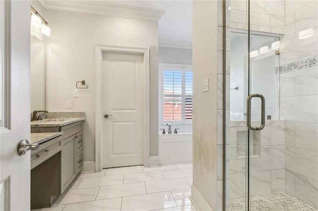 bathroom with tile patterned flooring, plus walk in shower, ornamental molding, and vanity