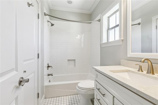 full bathroom with vanity, tub / shower combination, ornamental molding, and toilet