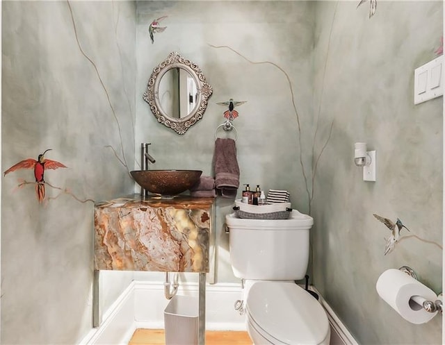 bathroom with toilet, sink, and hardwood / wood-style floors