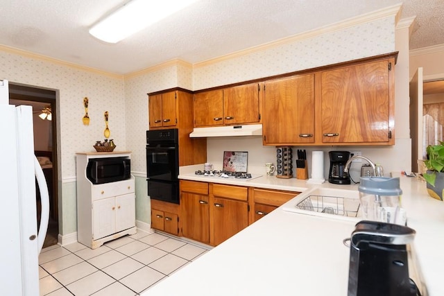 kitchen with crown molding, light tile patterned floors, a textured ceiling, and black appliances