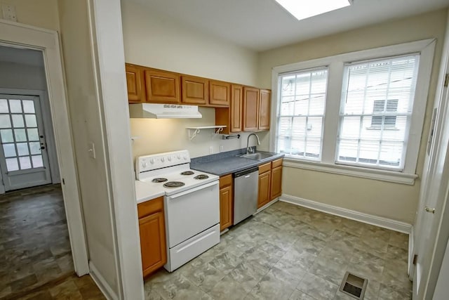 kitchen featuring white electric stove, dishwasher, and sink