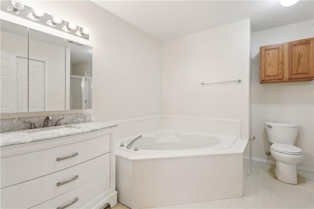 full bathroom with vanity, toilet, and plus walk in shower