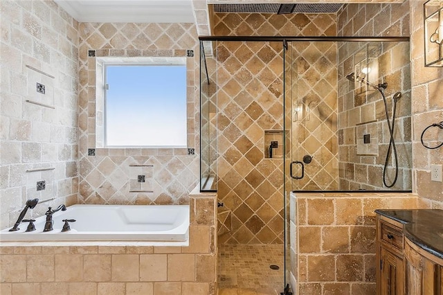 bathroom with independent shower and bath and ornamental molding